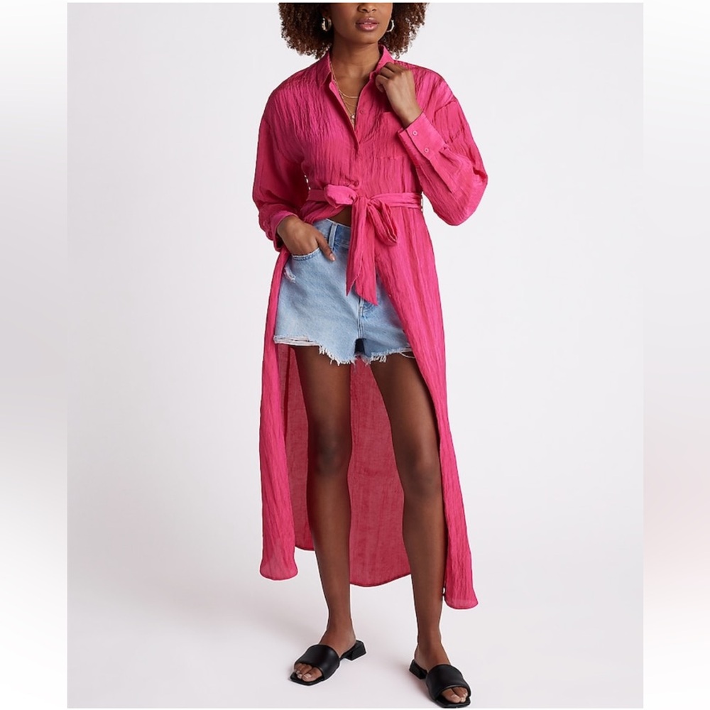 NWT Express Crinkle Portofino Maxi Shirt Dress Hot Pink Size Medium
